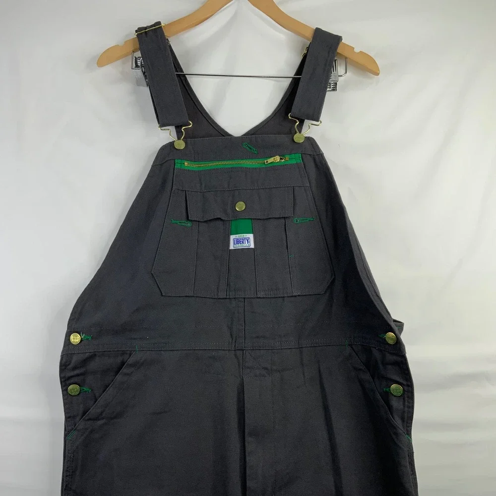 Liberty Overalls Men Charcoal Gray Canvas Bib Workwear Carpenter Pants Green Zip